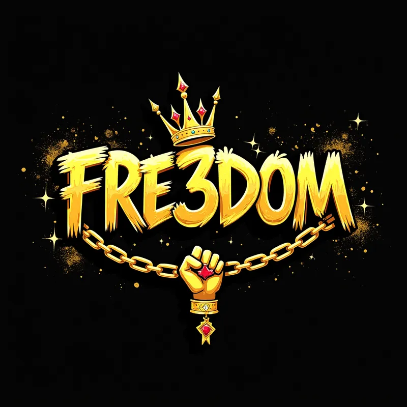 Graffiti FRE3DOM with Gold Crown & Chain - 
The word "FRE3DOM" is written in bold, graffiti-style gold letters with black shadows and yellow highlights. A gold crown with red jewels sits atop the first letter, and a gold chain with a pendant featuring a clenched fist and red jewels hangs below the text. The background is black with splatters of gold and yellow paint, and a dollar sign can be seen in the upper right area. The overall design has a luxurious, street-art aesthetic. - AI image generated with Text