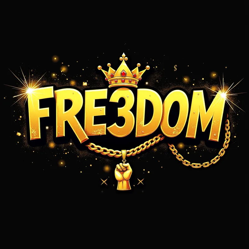 Graffiti FRE3DOM with Gold Crown & Chain - 
The word "FRE3DOM" is written in bold, graffiti-style gold letters with black shadows and yellow highlights. A gold crown with red jewels sits atop the first letter, and a gold chain with a pendant featuring a clenched fist and red jewels hangs below the text. The background is black with splatters of gold and yellow paint, and a dollar sign can be seen in the upper right area. The overall design has a luxurious, street-art aesthetic. - AI image generated with Text