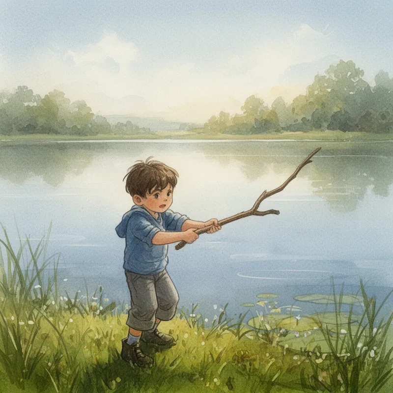 Grainy Watercolor Boy by Lake - A boy playing with a stick near a lake - AI image generated with Flux 2 - watercolor, grain effect