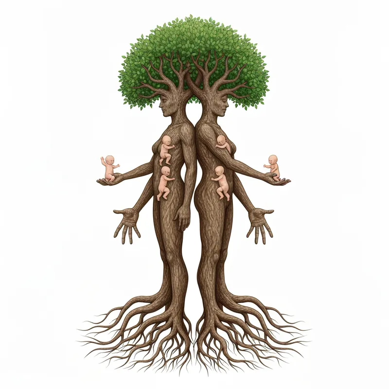 Grainy Watercolor Tree of Life - A human male and female body is a tree stretching upward with deep roots. Their age is approximately 60 years old. Four babies are born within the branches. Growing throughout the branches as if part of the tree. which is looked after, watered, and the crown is beautiful. Roots and hands like branches, extremely detailed, very attractive. - AI image generated with Imagen 4 Fast - grain effect, watercolor