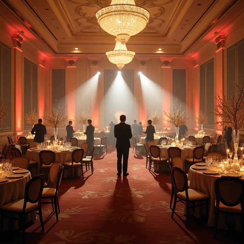 Grand Ballroom Wedding Setup - A grand ballroom wedding venue in the midst of setup, event coordinator overseeing a flurry of staff arranging tables and décor, ambient lighting, elegant details, a sense of festive activity and coordination - AI image generated with Photorealistic 2 - night lighting, photorealistic