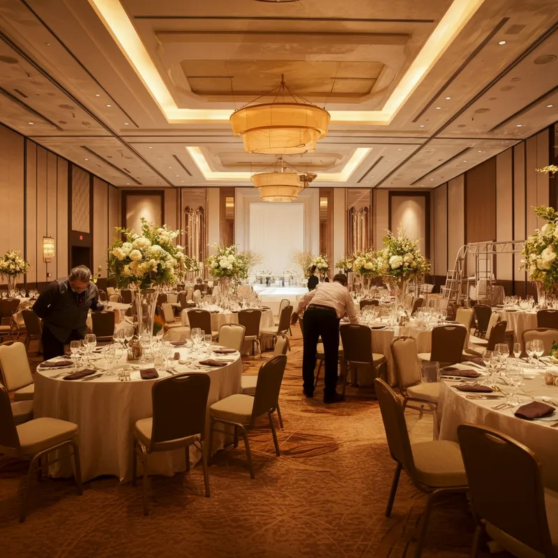 Grand Ballroom Wedding Setup - A grand ballroom wedding venue in the midst of setup, event coordinator overseeing a flurry of staff arranging tables and décor, ambient lighting, elegant details, a sense of festive activity and coordination - AI image generated with Imagen 3 - night lighting, photorealistic