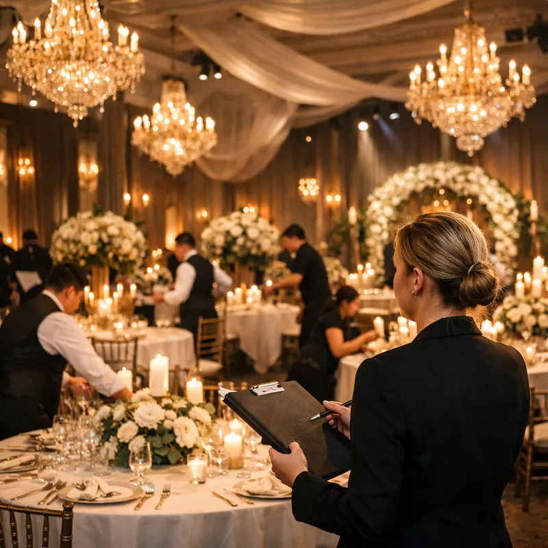 Grand Ballroom Wedding Setup - A grand ballroom wedding venue in the midst of setup, event coordinator overseeing a flurry of staff arranging tables and décor, ambient lighting, elegant details, a sense of festive activity and coordination - AI image generated with GPT Image - night lighting, photorealistic