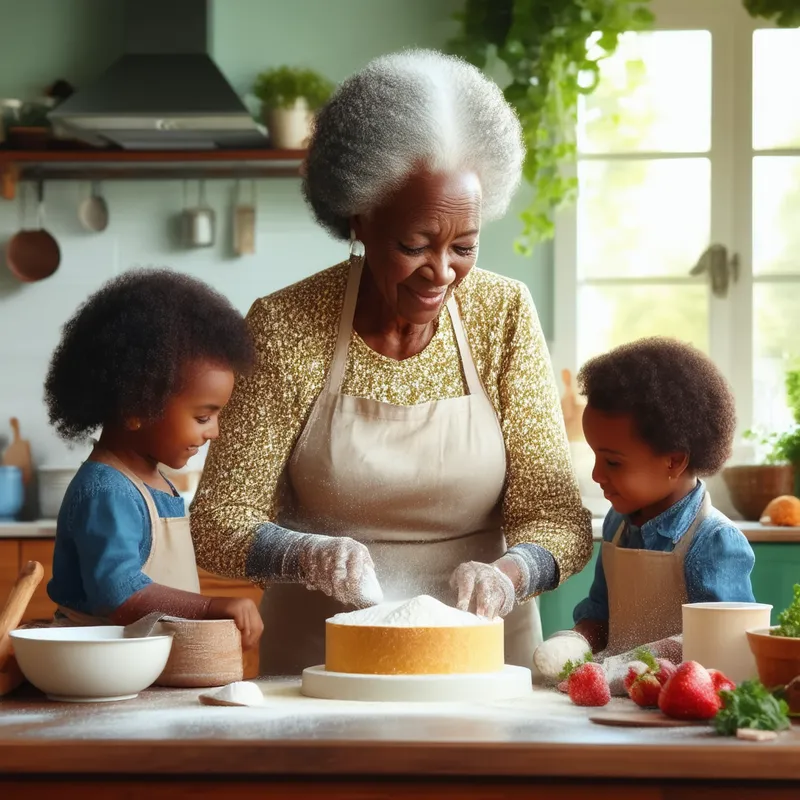 Grandma's Cake Lesson in Cozy Kitchen - An African American grandmother in her cozy kitchen, surrounded by her grandchildren. She is teaching them how to make a cake, with flour and ingredients spread out on the counter. The kitchen is filled with warm light, and the children are eagerly watching and helping, creating a whimsical and loving atmosphere.