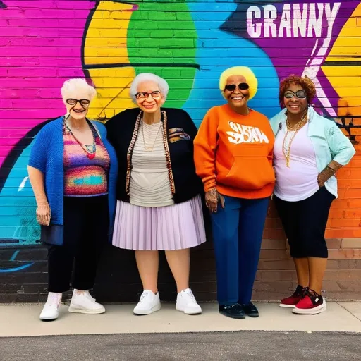 Granny Swag - In Pixar style, a diverse group of young grandmas in their 40s stand in front of a brick wall with colorful graffiti that says 'Granny Swag'. The Hispanic grandma has brown hair, the Caucasian grandma has blonde yellow hair in a messy bun with glasses, and the African American grandma has black hair. They are all wearing urbanwear, thick chains, and hoop earrings
- AI image generated with Photorealistic - pro studio photo