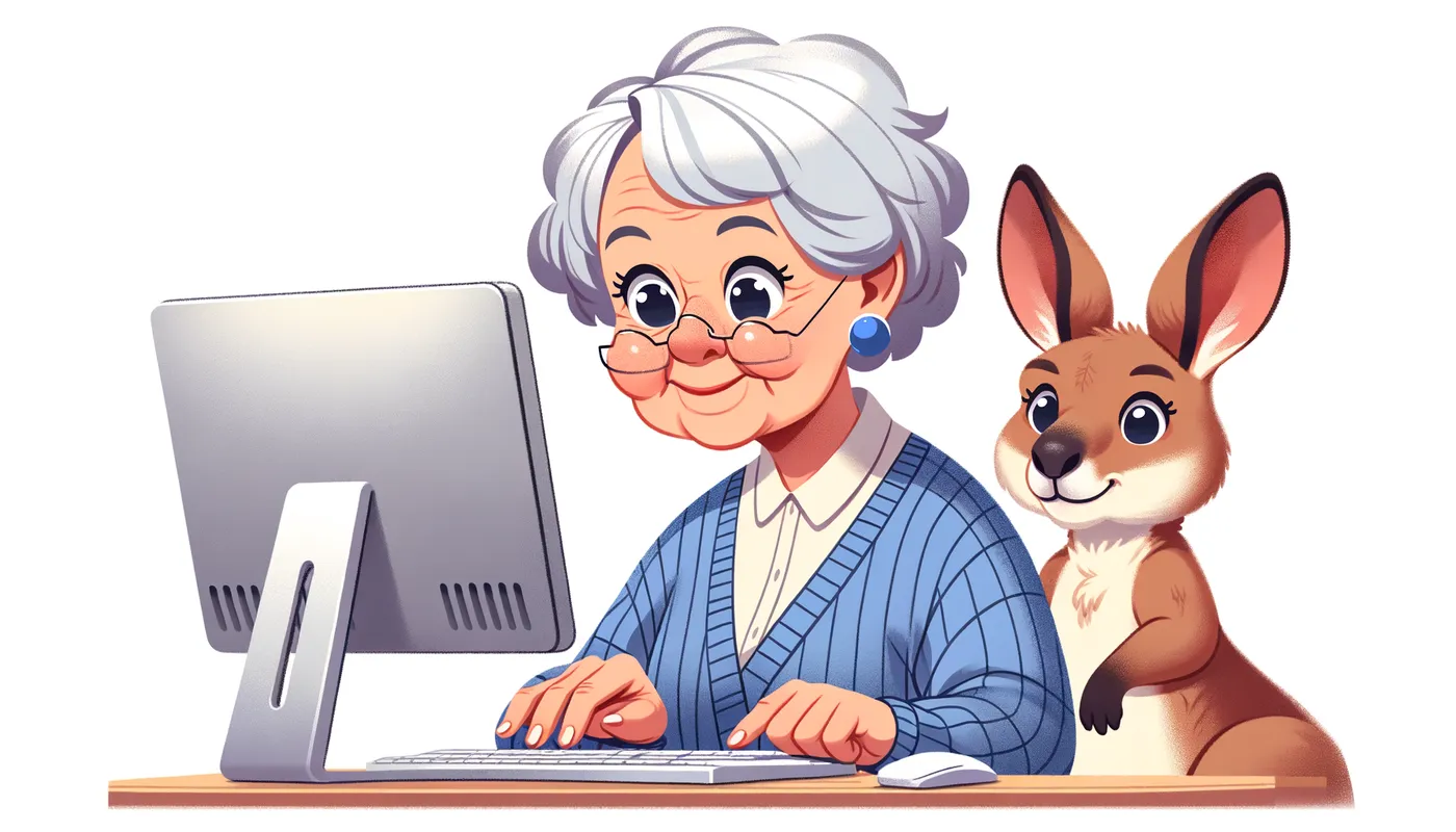Granny and Kangaroo Duo - An endearing scene of an elderly, grey-haired woman at her computer desk, deep in concentration. Her pet kangaroo stands next to her, looking at the computer screen with interest. - AI image generated with Art