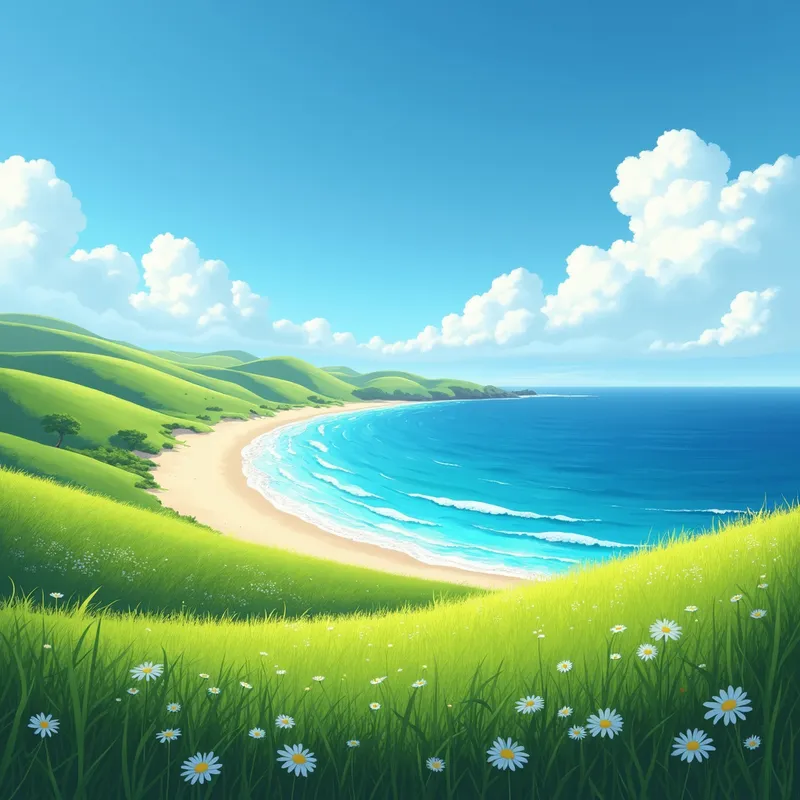 GrassyHillsToSandyShore - Rolling grassy hills that gradually slope down towards a sunny sandy beach, with the clear blue water of the ocean stretching out under a bright blue sky. - AI image generated with Photorealistic 2 - fantasy art