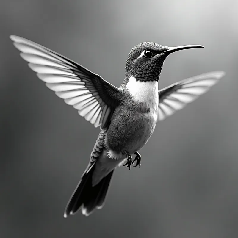 Grayscale 3D Hummingbird - 3D round grayscale hummingbird - AI image generated with Photorealistic 2