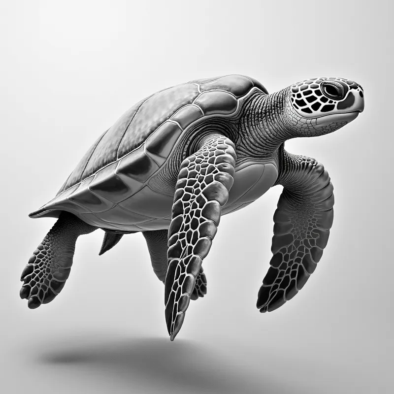 Grayscale 3D Pencil Sea Turtle - grayscale 3D realistic detailed pencil drawing of a sea turtle in the ocean - AI image generated with Photorealistic 2