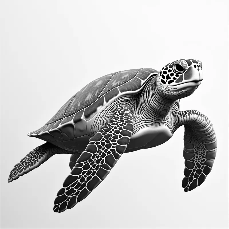 Grayscale 3D Pencil Sea Turtle - grayscale 3D realistic detailed pencil drawing of a sea turtle in the ocean with aquatic sea life - AI image generated with Photorealistic 2