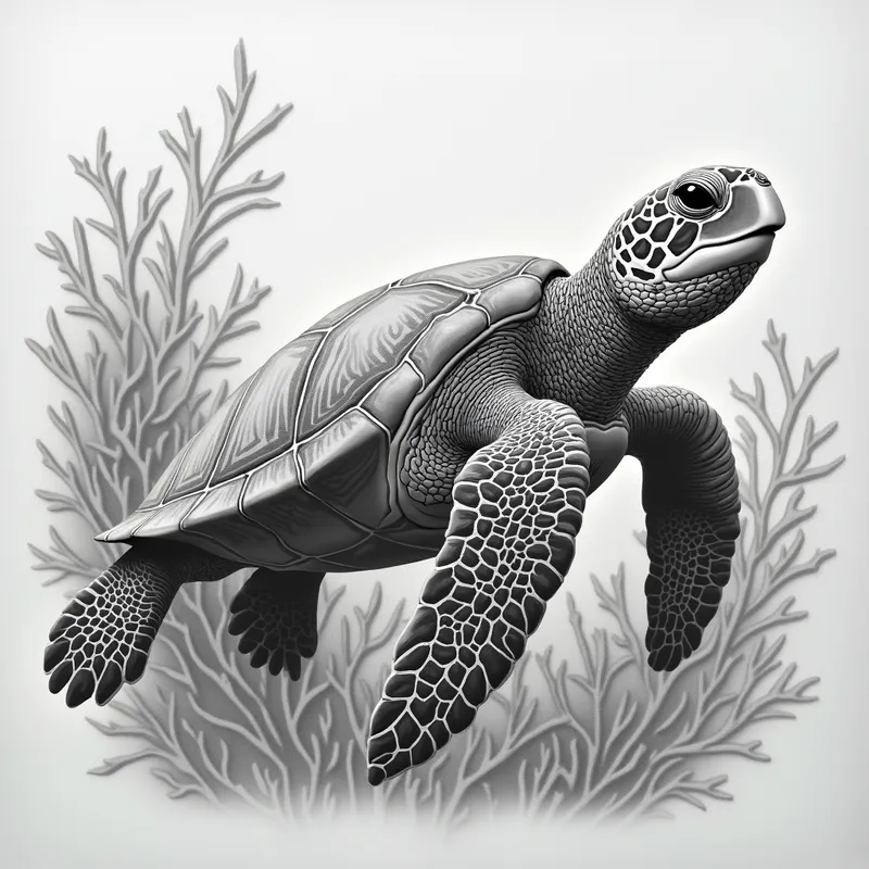 Grayscale 3D Pencil Sea Turtle - grayscale 3D realistic detailed pencil drawing of a sea turtle in the ocean with aquatic sea life - AI image generated with Photorealistic 2