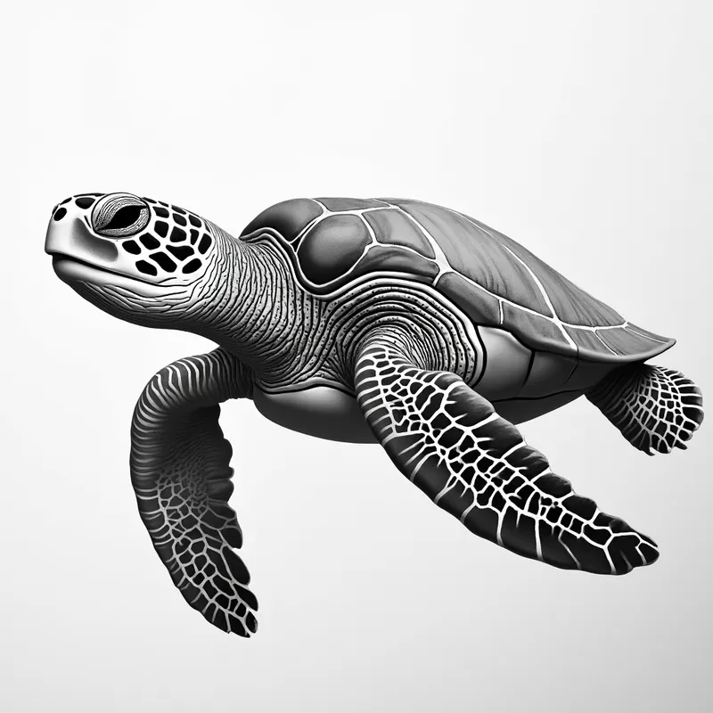 Grayscale 3D Sea Turtle Drawing - grayscale 3D realistic detailed pencil drawing of a sea turtle in the ocean with aquatic sea life - AI image generated with Photorealistic 2