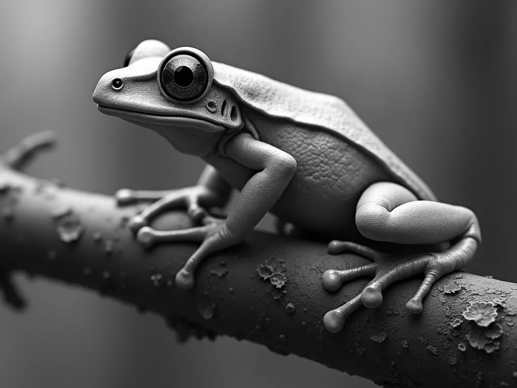 Grayscale 3D Tree Frog on Limb - 3D realistic grayscale tree frog on a tree limb - AI image generated with Photorealistic 2
