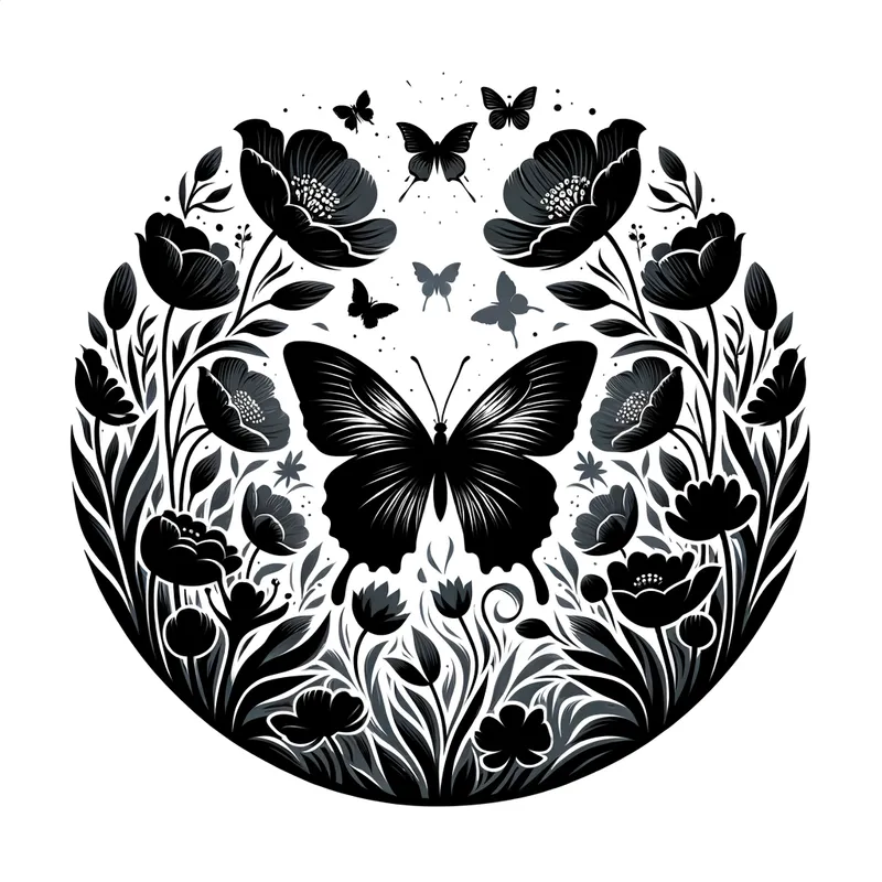 Grayscale Butterfly Bloom - grayscale round butterfly flowers silhouette - AI image generated with Art