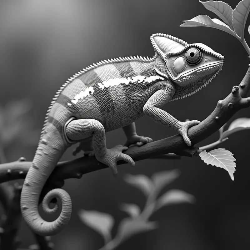 Grayscale Chameleon on Tree - grayscale detailed realistic image of a chameleon climbing on a tree with leaves and flowers - AI image generated with Photorealistic 2