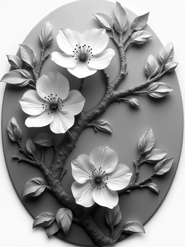 Grayscale Cherry Blossom Relief - oval grayscale detailed realistic deep relief of beautiful fancy cherry blossoms - AI image generated with Photorealistic 2