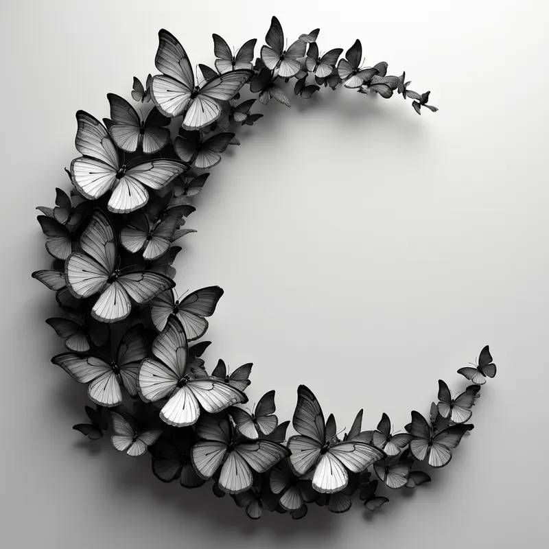 Grayscale Crescent of Butterflies - grayscale realistic highly detailed image of butterflies in the shape of a crescent moon - AI image generated with Photorealistic 2