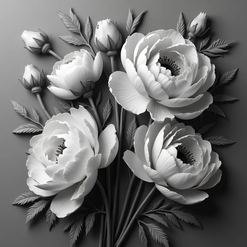 Grayscale Deep Relief Realistic Peonies - deep relief grayscale realistic image of peonies - AI image generated with Photorealistic 2