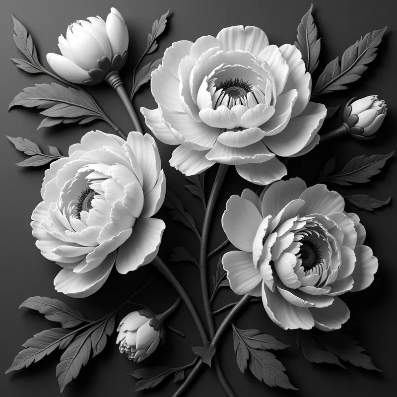 Grayscale Deep Relief Realistic Peonies - deep relief grayscale realistic image of peonies - AI image generated with Photorealistic 2