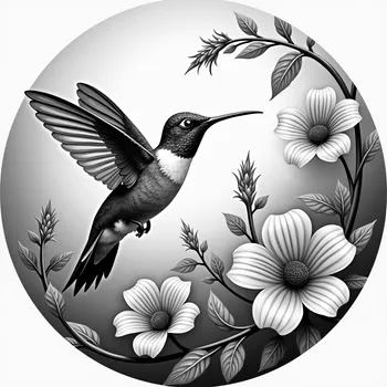 Grayscale Hummingbird with Flowers