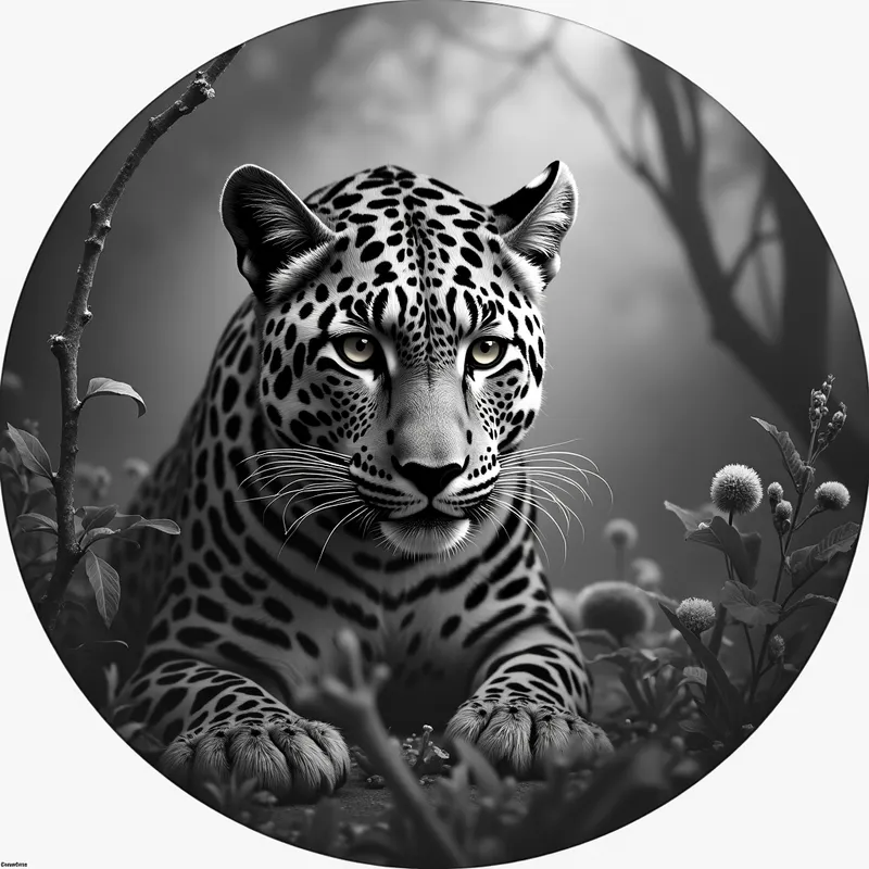 Grayscale Leopard in Jungle Circle - circular grayscale detailed realistic image of a leopard in a jungle - AI image generated with Photorealistic 2