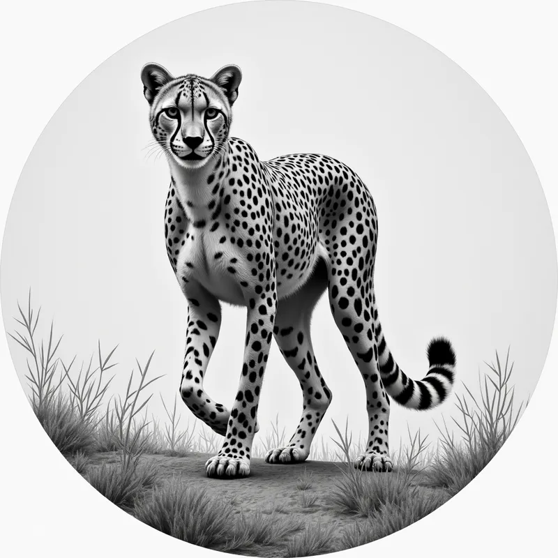 Grayscale Pencil Drawing of Cheetah - a circular grayscale realistic detailed pencil drawing of cheetah walking - AI image generated with Photorealistic 2