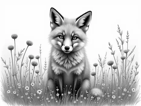 Grayscale Pencil Fox in Flower Field
