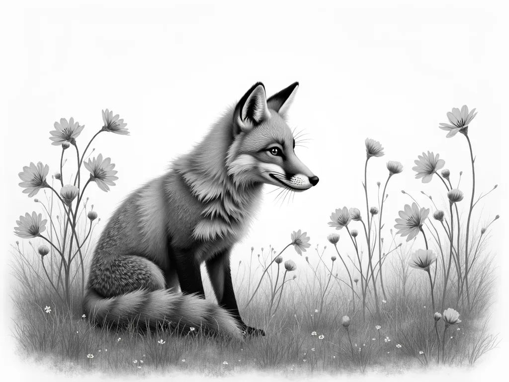 Grayscale Pencil Fox in Flower Field - grayscale detailed realistic pencil drawing of a fox in a field of flowers - AI image generated with Photorealistic 2