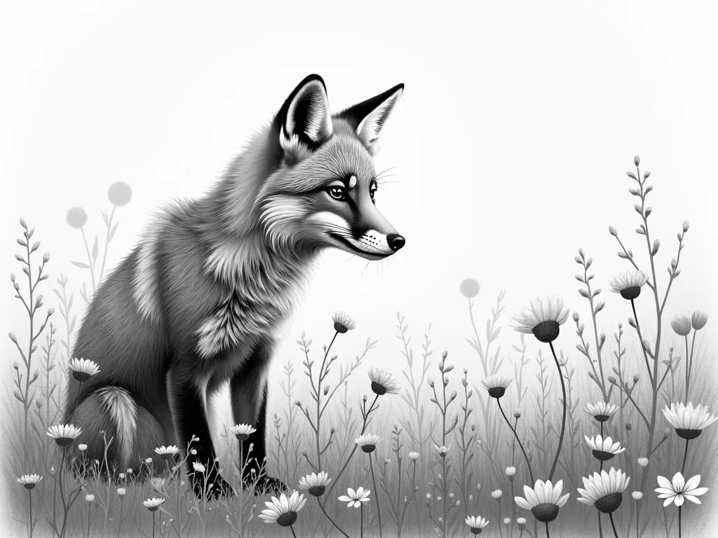Grayscale Pencil Fox in Flower Field - grayscale detailed realistic pencil drawing of a fox in a field of flowers - AI image generated with Photorealistic 2