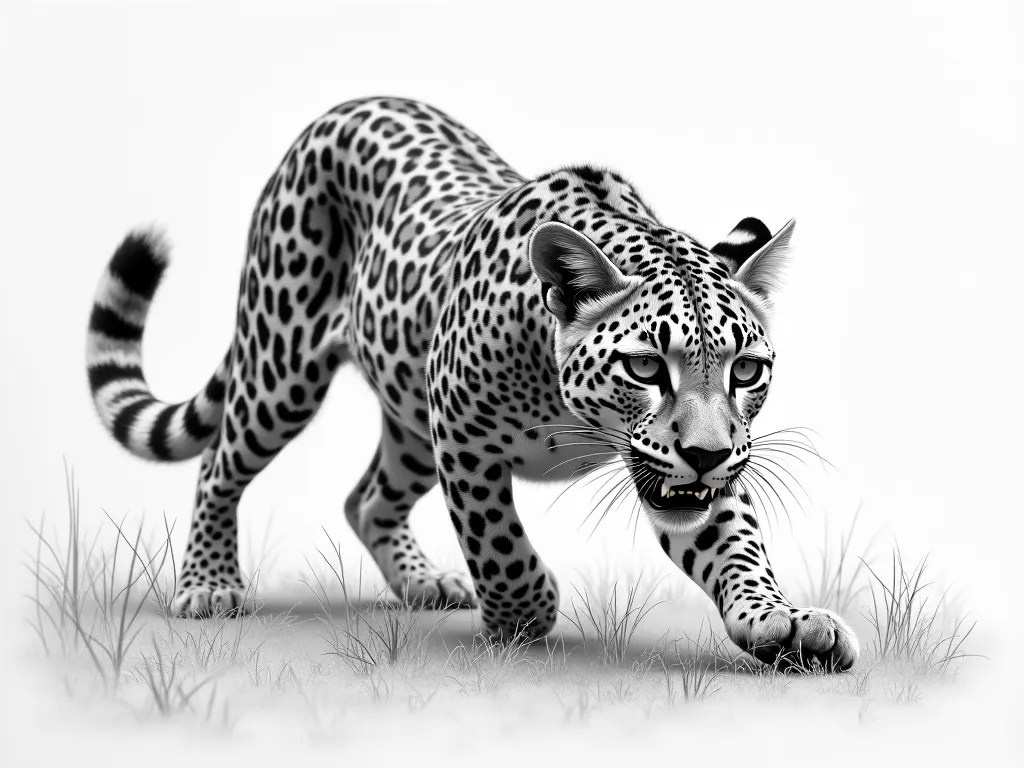 Grayscale Realistic Leopard Drawing - a grayscale detailed realistic pencil drawing of a leopard stalking the camera - AI image generated with Photorealistic 2