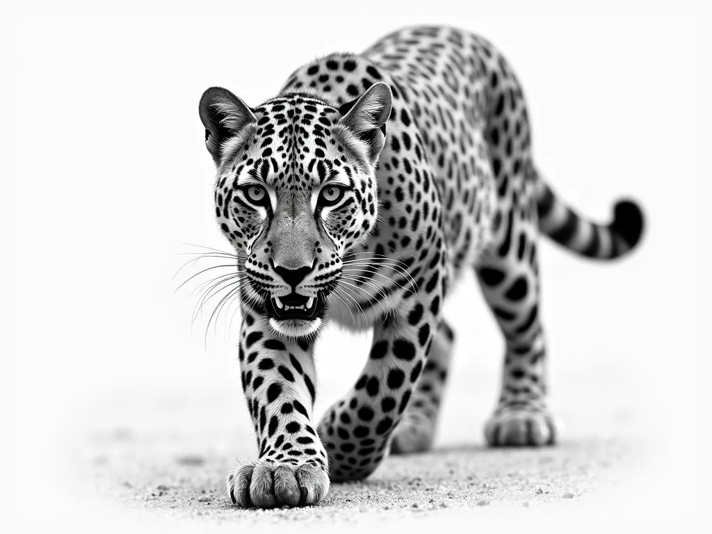 Grayscale Realistic Leopard Drawing - a grayscale detailed realistic pencil drawing of a leopard stalking the camera - AI image generated with Photorealistic 2