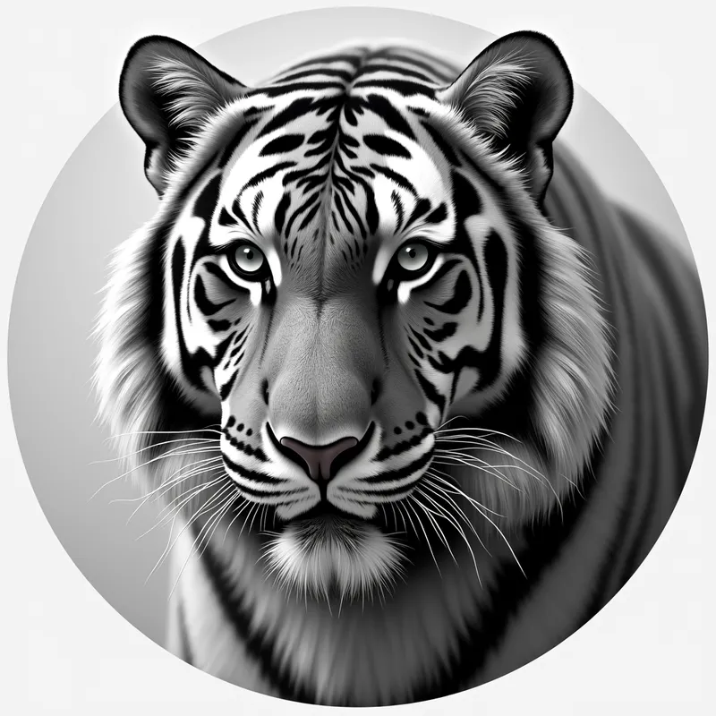 Grayscale Realistic Tiger Image - circular grayscale detailed realistic image of a tiger - AI image generated with Photorealistic 2