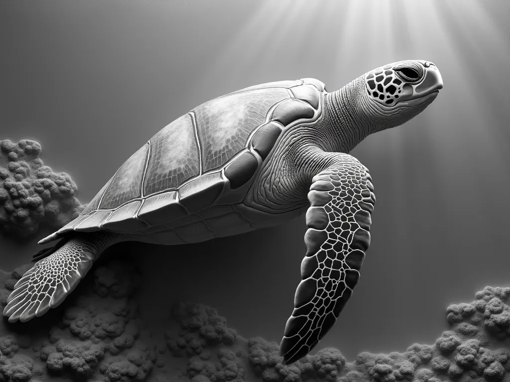 Grayscale Relief: Sea Turtle Swimming - grayscale realistic deep relief image of a sea turtle swimming in the ocean - AI image generated with Photorealistic 2