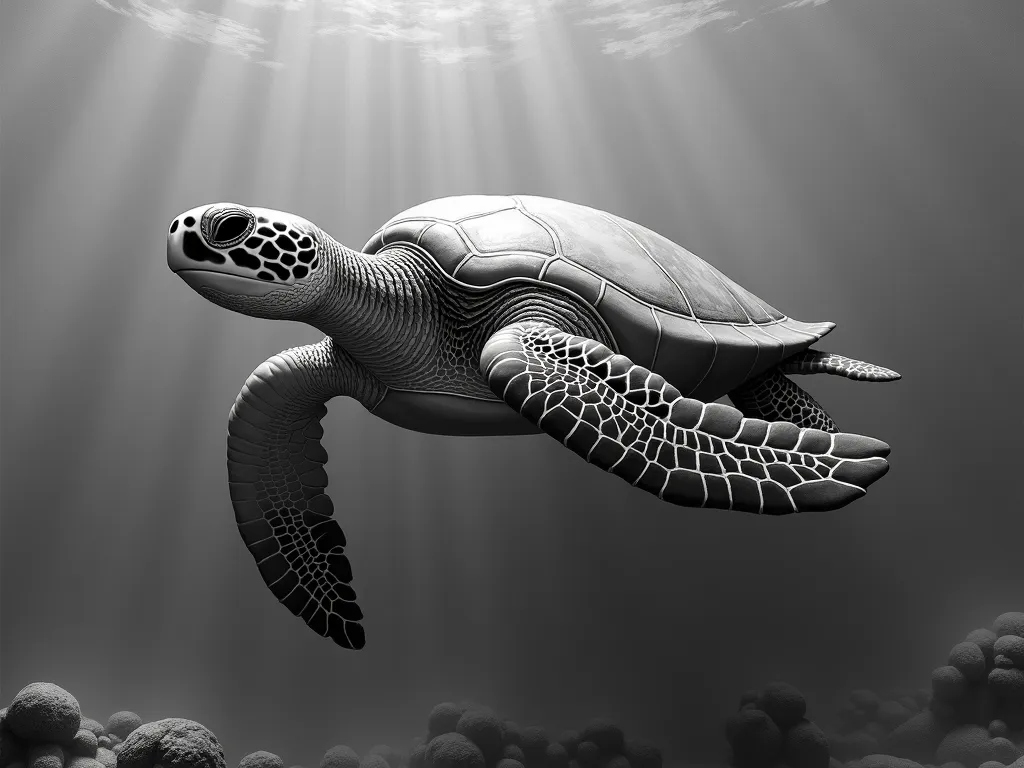 Grayscale Relief Sea Turtle Swimming - grayscale deep relief detailed realistic image of a sea turtle swimming in the ocean - AI image generated with Photorealistic 2