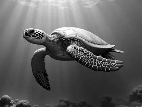 Grayscale Relief Sea Turtle Swimming