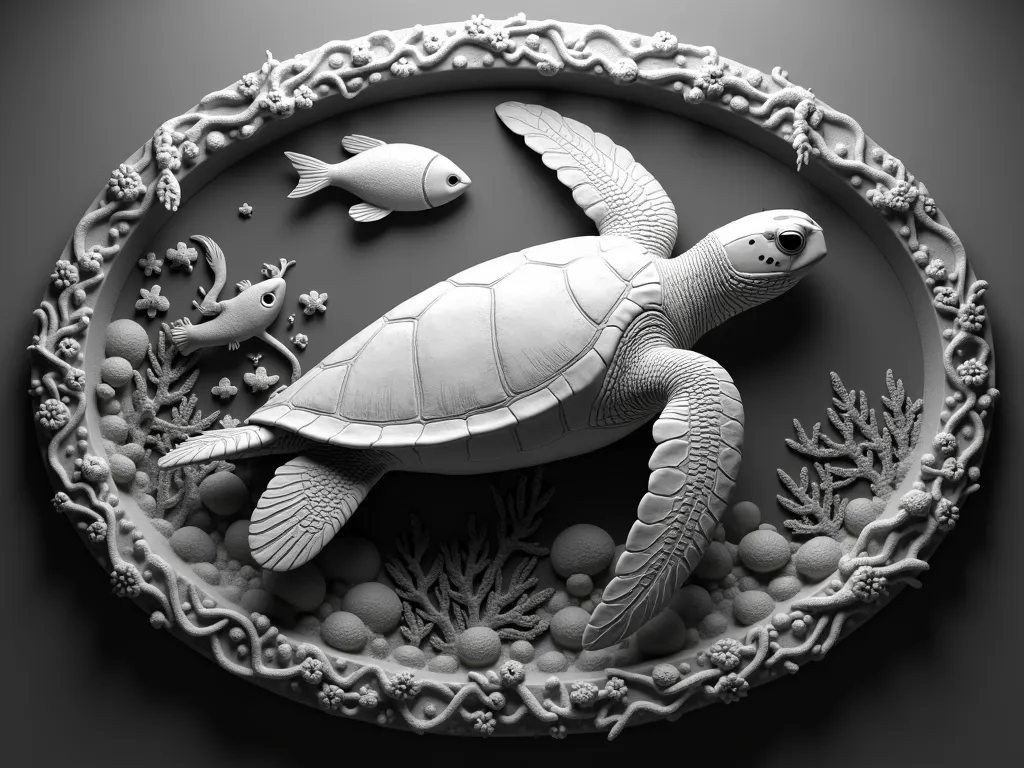 Grayscale Relief of Sea Turtle Undersea - oval grayscale deep relief realistic image of a sea turtle underwater with other sea life - AI image generated with Photorealistic 2