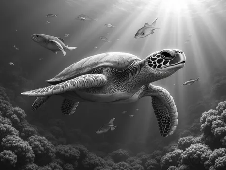 Grayscale Sea Turtle in Ocean