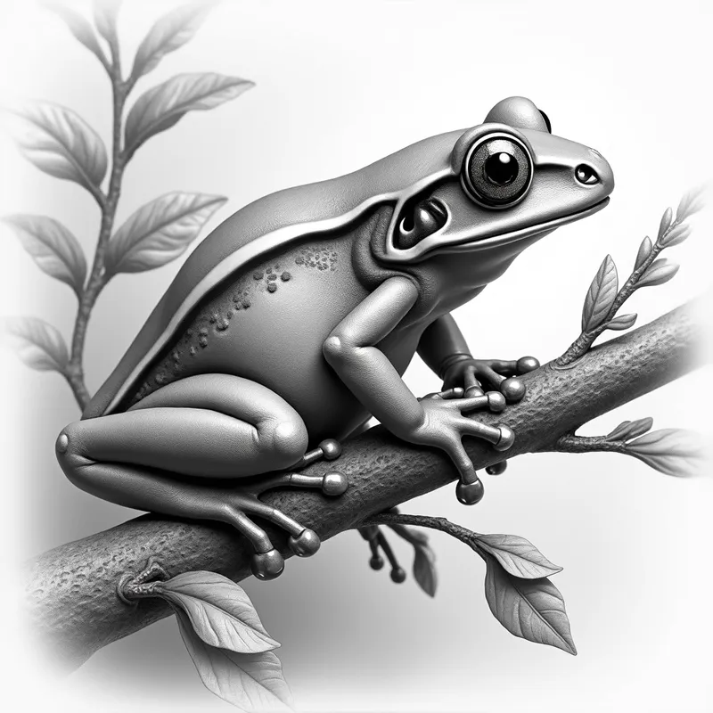 Grayscale Tree Frog Drawing - 3d realistic grayscale tree frog on a branch with leaves and flowers detailed  - AI image generated with Photorealistic 2 - pencil drawing