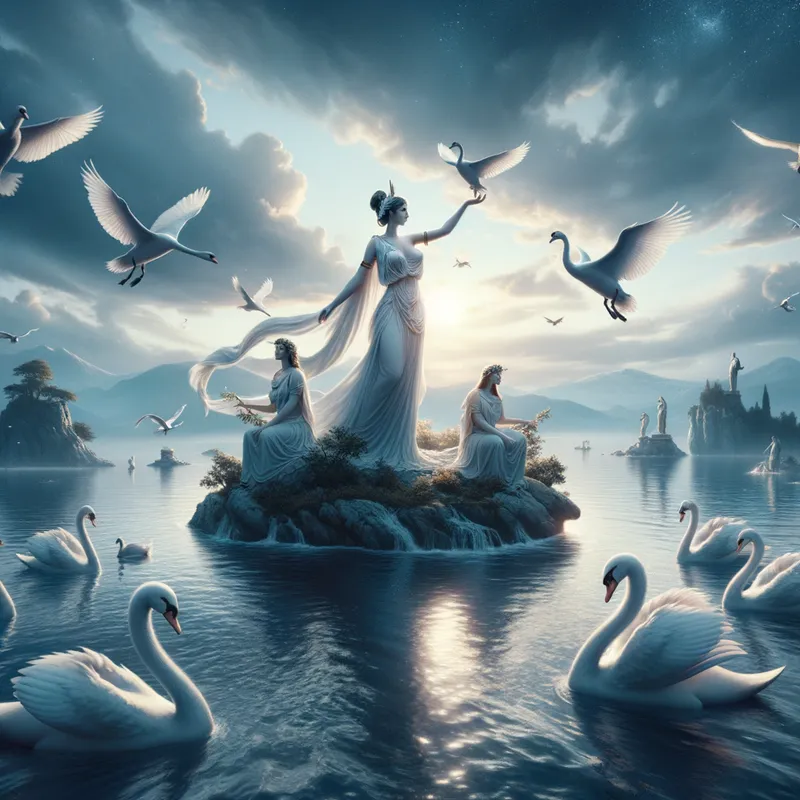 Greek Goddess Island Serenity - A goddess on an island floating in the Greek ocean. The island has swans - AI image generated with Art