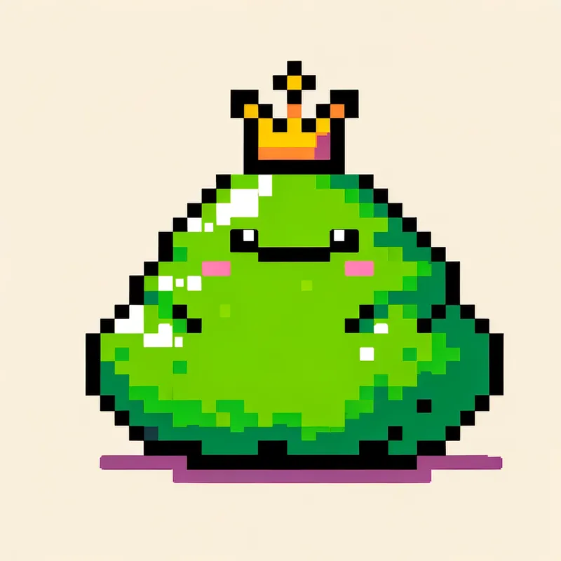 Green Blob King in 8-Bit Style - Show me a blob that's green And it has a big crown and the blob is like 10' big And It ITIT has A. Cute little face And It's 8 bit style - AI image generated with Art