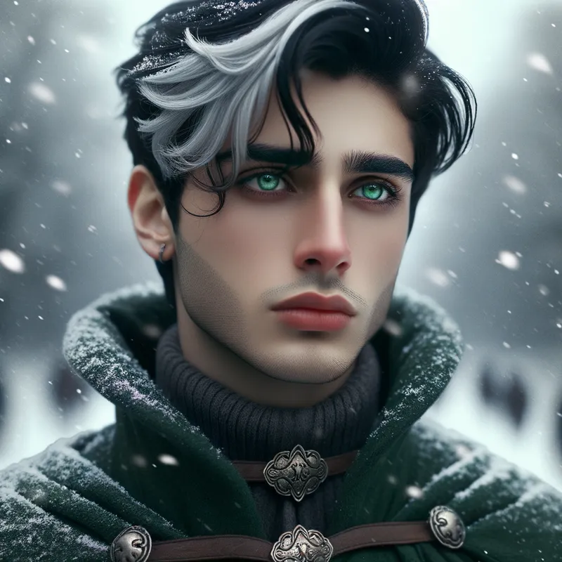 Green Gaze of Authority - Illustrate a medieval scene where a young prince with piercing green eyes commands attention, his black and white hair stark against the soft snowfall. He exudes nobility and determination in the winter's embrace. - fantasy art
