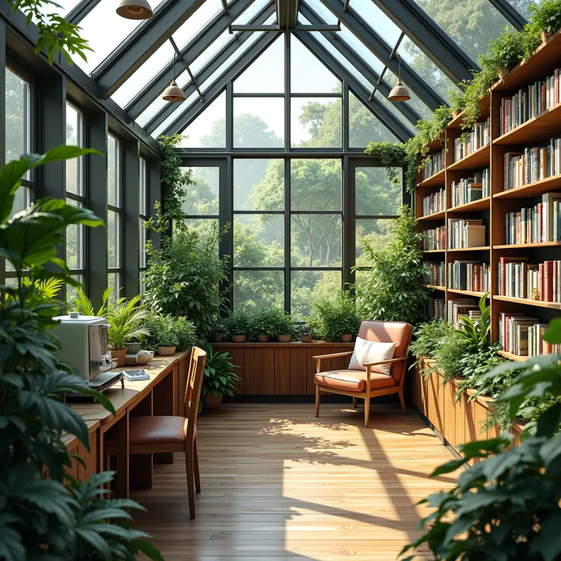 Green Oasis Library - A harmonious, photo-realistic greenhouse with abundant greenery, neat bookshelves stocked with books, a minimalist coffee maker artistically placed, and a stylish armchair blending seamlessly with nature. - AI image generated with Photorealistic 2