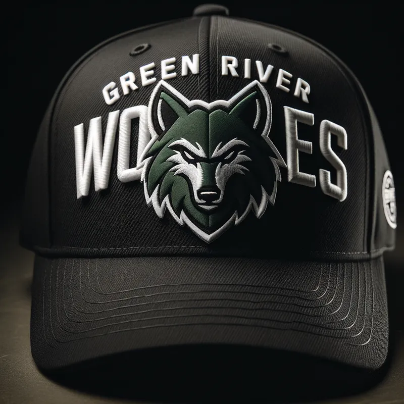 Green River Wolves Hat Design - Design a stylish hat featuring a dark green wolf head logo with white block letters spelling 'Green River Wolves'. - AI image generated with Art