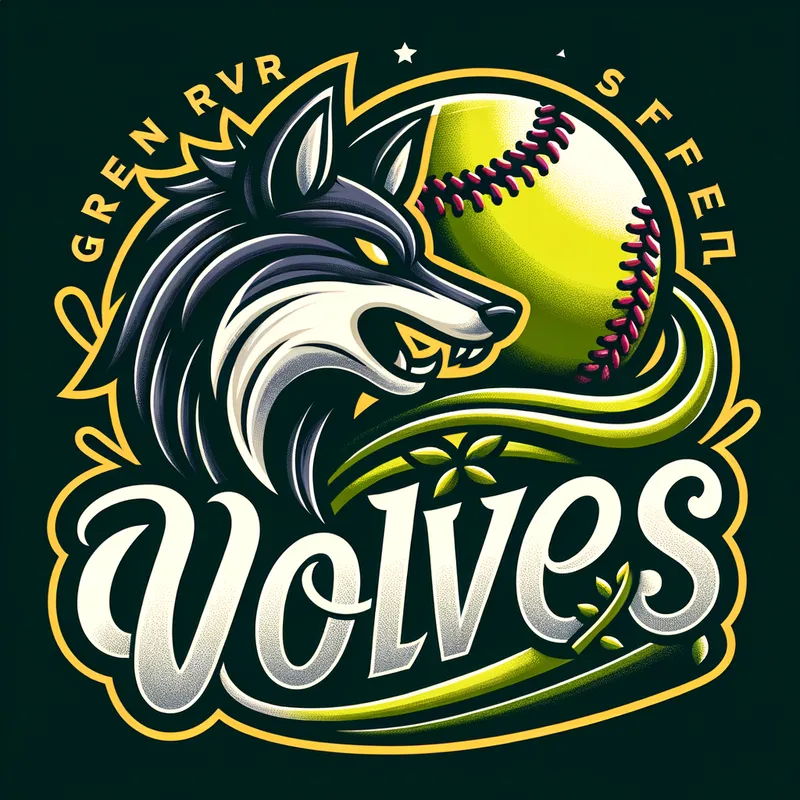 Green River Wolves Logo - Create a modern sports logo for the 'Green River Wolves' girls’ softball team with bold team lettering and a wolf mascot in dark green and white. Integrate a yellow softball with red stitching behind or with the wolf head. Add a feminine touch with subtle pink or purple accents, softer curves, and dynamic motion lines. Ensure it's clean, fierce, and printable for uniforms and merchandise. - AI image generated with Art