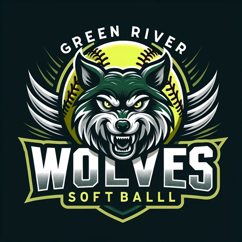 Green River Wolves Logo with Softball - Create a bold sports logo for the 'Green River Wolves' girls’ softball team featuring a dark green and white wolf head mascot with sharp, aggressive features. Place a bright yellow softball with red stitches behind the wolf head, and use strong block lettering for 'GREEN RIVER' and 'WOLVES.' Include dynamic motion lines or claw marks to emphasize power and intensity, ensuring the design is clean and printable for uniforms. - AI image generated with Art
