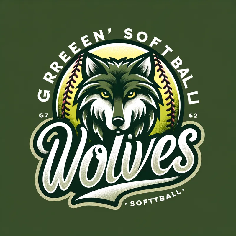 Green River Wolves Softball Icon - Create a striking logo for the girls’ softball team, 'Green River Wolves,' with strong green and white lettering and a dynamic wolf mascot. Integrate a softball with yellow and red stitching behind the wolf head, accented with subtle pink or purple tones and gentle curves in the design. Ensure it's fierce, clean, and ready for uniform and merchandise printing. - AI image generated with Art