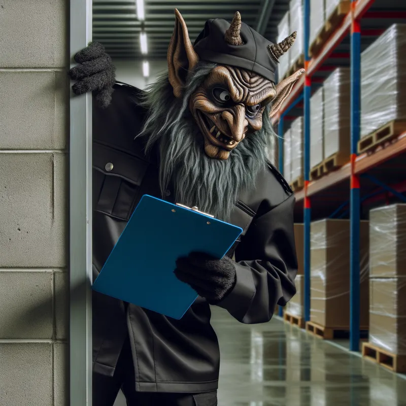 Grinch Patrol - A mischievous Grinch in a black security outfit, lurking around the corner of a warehouse, with a clipboard in hand, planning his next move. - AI image generated with Art