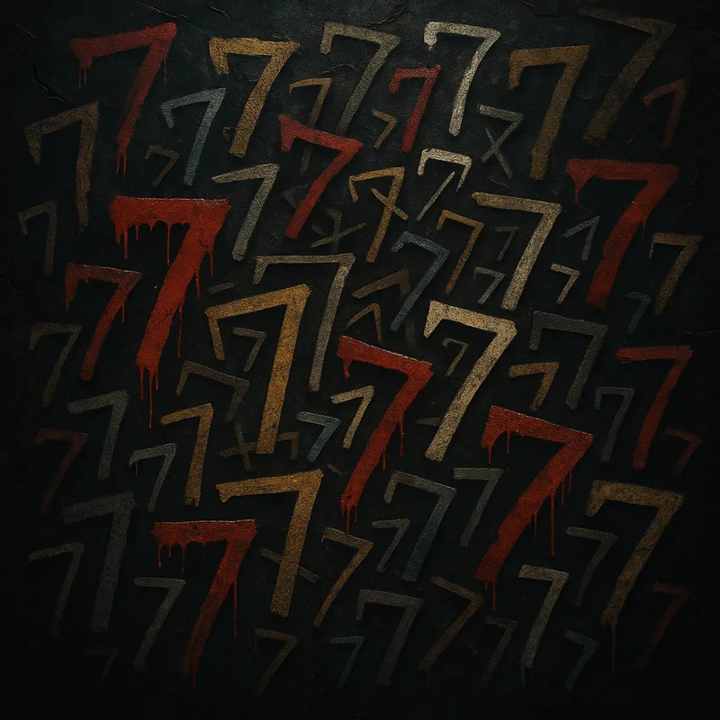 Gritty Sevens Cluster - A chaotic arrangement of the number 7 in various graffiti styles—spray-painted, hand-scrawled, and printed with some dripping like blood or paint. The background is dark, textured like cracked asphalt or aged concrete. The color scheme consists of deep reds, dark grays, rusty golds, and hints of blue. The mood is gritty, eerie, and cinematic, similar to the atmosphere of the movie Se7en, with a spotlight effect casting stark shadows and illuminating the disordered pile of 7s. - AI image generated with GPT Image - high dynamic range