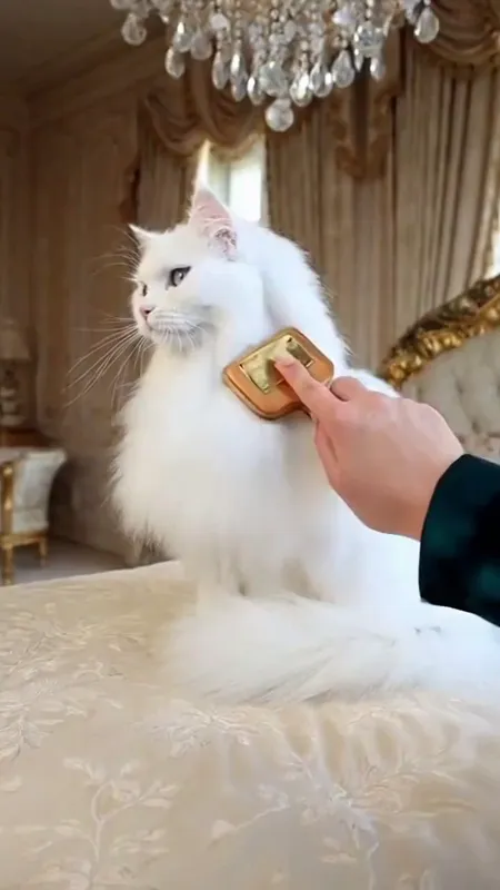 Grooming a White Cat in Luxury Bedroom - A very beautiful white cat in a very luxurious bedroom, its owner combing its fur in a realistic, dramatic scene. - AI video generated with Sora 2