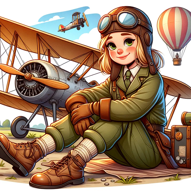 Grounded Aviator - A digital art scene showcasing a lovely pilot girl from the barnstorm era sitting on the ground, cross-legged and shoeless. She smiles gently, surrounded by the elements of a bygone aviation era. - AI image generated with Art - cartoony, colorful